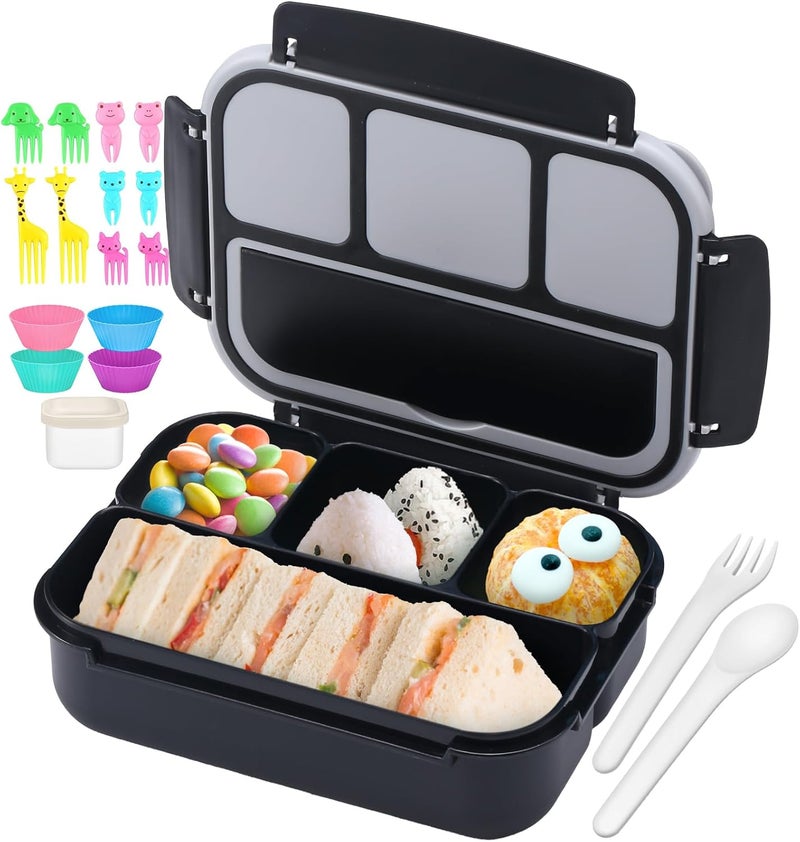 QQKO Bento Box for Kids Adults, School Toddler Lunch Box for Boys Girls, Lunch Box Containers with 4 Compartments, Sauce Container, Utensils, Food Picks and Muffin Cups for School, Black Gray - Image 1